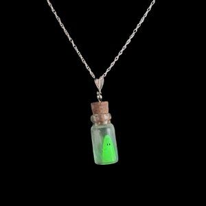 Handmade Ghost in a Bottle Pendant Glows Green on Silver chain